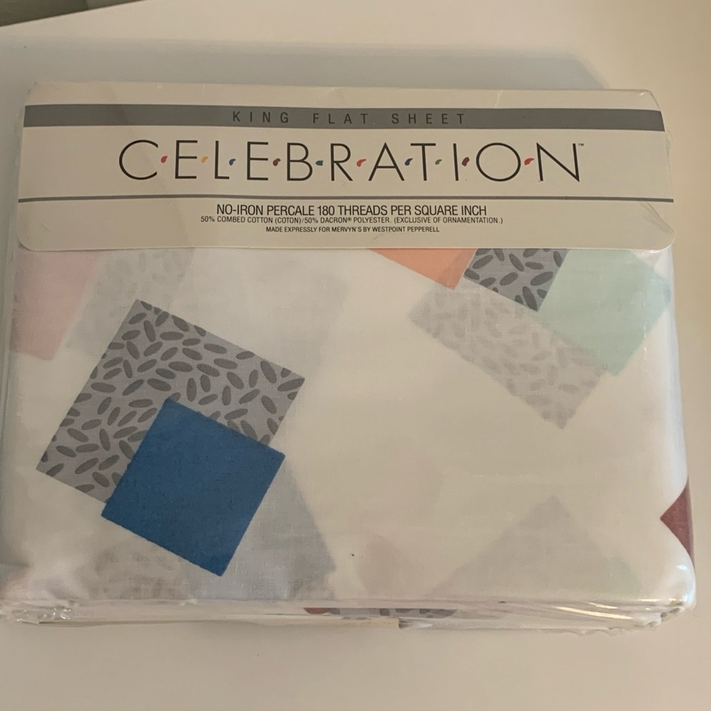VTG Celebration Percale King Flat Sheet Multicolor Shadow Box 90’s Mervyn’s USA